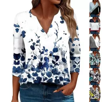 Жен. Футболка Футболка С принтом Пуговицы Рукав 3/4 Повседневные Выходные Мода Классический Классический V-образный вырез Обычный Верх L чёрный