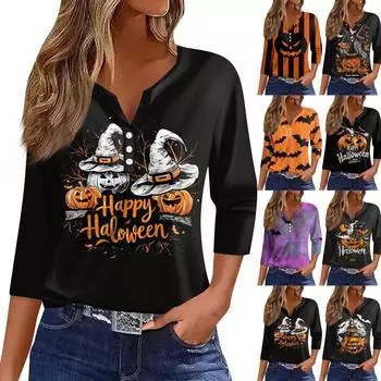 Жен. Футболка Футболка С принтом Пуговицы Рукав 3/4 Повседневные Выходные Мода Классический V-образный вырез Обычный Топ XXXL чёрный