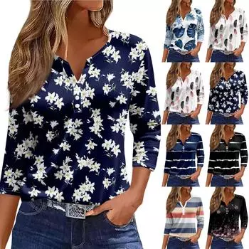 Жен. Футболка Футболка С принтом Пуговицы Рукав 3/4 Повседневные Выходные Мода Классический V-образный вырез Обычный Топ L чёрный