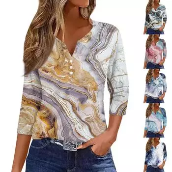 Жен. Футболка Футболка С принтом Пуговицы Рукав 3/4 Повседневные Выходные Мода Классический Классический V-образный вырез Обычный Верх XXL розовый