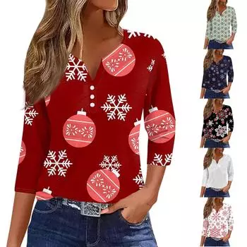 Жен. Футболка Футболка С принтом Пуговицы Рукав 3/4 Повседневные Выходные Мода Классический Классический V-образный вырез Обычный Верх XXL чёрный