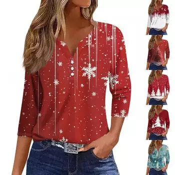 Жен. Футболка Футболка С принтом Пуговицы Рукав 3/4 Повседневные Выходные Мода Классический V-образный вырез Обычный Топ L белый