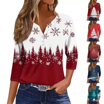 Жен. Футболка Футболка С принтом Пуговицы Рукав 3/4 Повседневные Выходные Мода Классический V-образный вырез Обычный Топ M белый