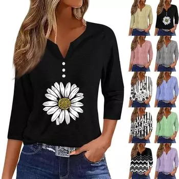 Жен. Футболка Футболка С принтом Пуговицы Рукав 3/4 Повседневные Выходные Мода Классический Классический V-образный вырез Обычный Верх L чёрный