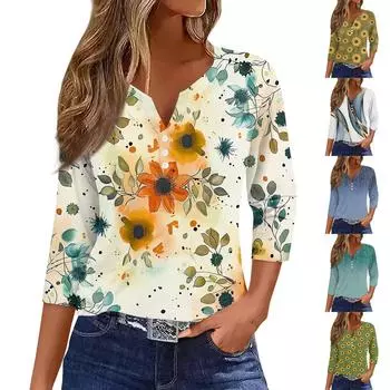 Жен. Футболка Футболка С принтом Пуговицы Рукав 3/4 Повседневные Выходные Мода Классический Классический V-образный вырез Обычный Верх L синий