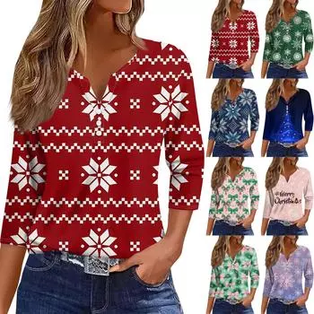 Жен. Футболка Футболка С принтом Пуговицы Рукав 3/4 Повседневные Выходные Мода Классический V-образный вырез Обычный Топ L темно-зеленого