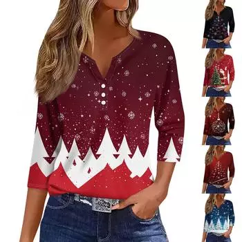 Жен. Футболка Футболка С принтом Пуговицы Рукав 3/4 Повседневные Выходные Мода Классический V-образный вырез Обычный Топ XXL
