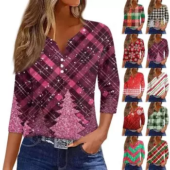 Жен. Футболка Футболка С принтом Пуговицы Рукав 3/4 Повседневные Выходные Мода Классический Классический V-образный вырез Обычный Верх M коричневый