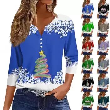 Жен. Футболка Футболка С принтом Пуговицы Рукав 3/4 Повседневные Выходные Мода Классический Классический V-образный вырез Обычный Верх L розовый