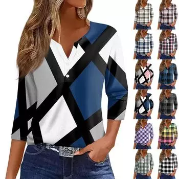 Жен. Футболка Футболка С принтом Пуговицы Рукав 3/4 Повседневные Выходные Мода Классический Классический V-образный вырез Обычный Верх XL