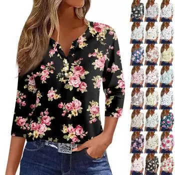 Жен. Футболка Футболка С принтом Пуговицы Рукав 3/4 Повседневные Выходные Мода Классический Классический V-образный вырез Обычный Верх L чёрный