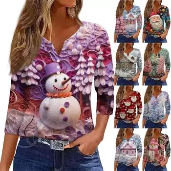 Жен. Футболка Футболка С принтом Пуговицы Рукав 3/4 Повседневные Выходные Мода Классический Классический V-образный вырез Обычный Верх XXL