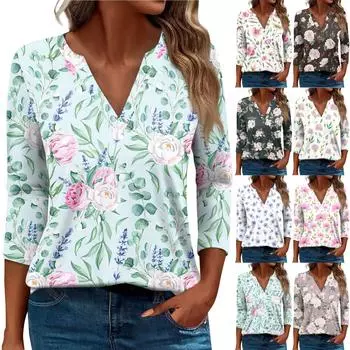 Жен. Футболка Футболка С принтом Пуговицы Рукав 3/4 Повседневные Выходные Мода Классический Классический V-образный вырез Обычный Верх S розовый