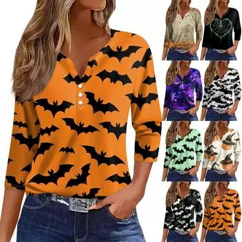 Жен. Футболка Футболка С принтом Пуговицы Рукав 3/4 Повседневные Выходные Мода Классический V-образный вырез Обычный Топ S чёрный