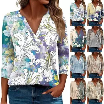 Жен. Футболка Футболка С принтом Пуговицы Рукав 3/4 Повседневные Выходные Мода Классический Классический V-образный вырез Обычный Верх S оранжевый