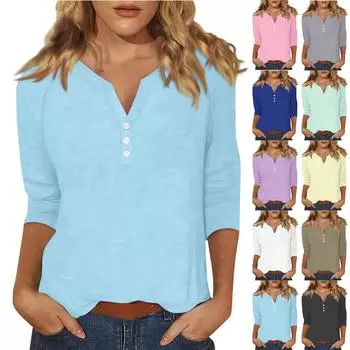 Жен. Футболка Футболка С принтом Пуговицы Рукав 3/4 Повседневные Выходные Мода Классический Классический V-образный вырез Обычный Верх L бежевый