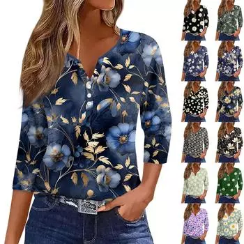 Жен. Футболка Футболка С принтом Пуговицы Рукав 3/4 Повседневные Выходные Мода Классический Классический V-образный вырез Обычный Верх L чёрный