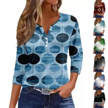 Жен. Футболка Футболка С принтом Пуговицы Рукав 3/4 Повседневные Выходные Мода Классический Классический V-образный вырез Обычный Верх L чёрный