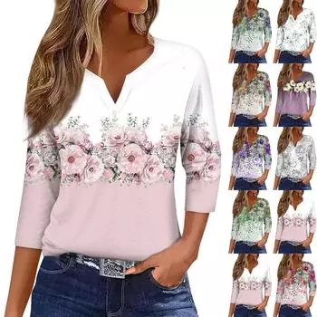Жен. Футболка Футболка С принтом Пуговицы Рукав 3/4 Повседневные Выходные Мода Классический Классический V-образный вырез Обычный Верх L синий