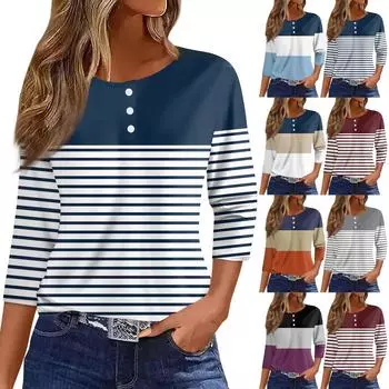 Жен. Футболка Футболка с принтом Пуговицы Рукав 3/4 Повседневные Выходные Мода Классический Круглый вырез Обычный Топ M синий