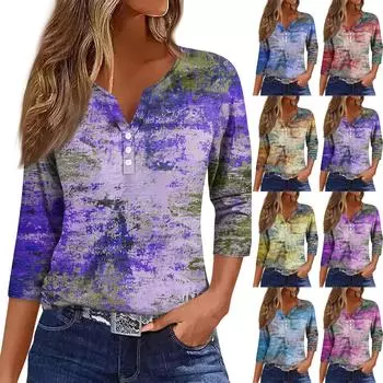 Жен. Футболка Футболка С принтом Пуговицы Рукав 3/4 Повседневные Выходные Мода Классический Классический V-образный вырез Обычный Верх S