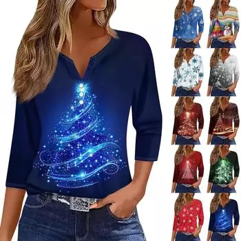 Жен. Футболка Футболка С принтом Пуговицы Рукав 3/4 Повседневные Выходные Мода Классический V-образный вырез Обычный Топ XXXL