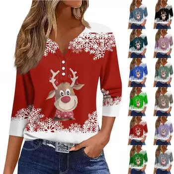 Жен. Футболка Футболка С принтом Пуговицы Рукав 3/4 Повседневные Выходные Мода Классический Классический V-образный вырез Обычный Верх S синий