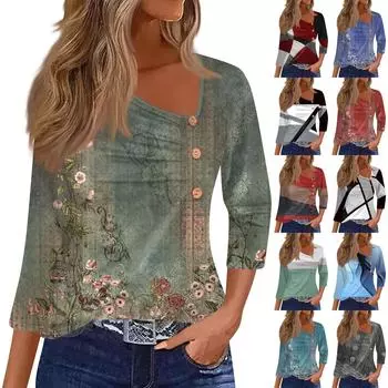 Жен. Футболка Футболка С принтом Пуговицы Рукав 3/4 Повседневные Выходные Мода Классический Классический Верх XL