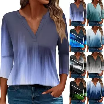 Жен. Футболка Футболка С принтом Пуговицы Рукав 3/4 Повседневные Выходные Мода Классический V-образный вырез Обычный Топ L чёрный