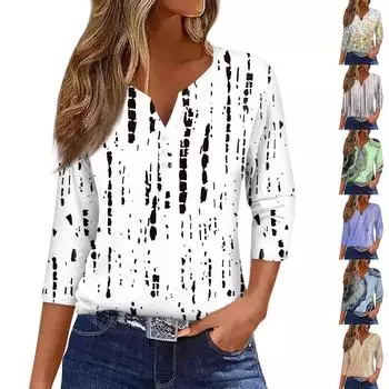 Жен. Футболка Футболка С принтом Пуговицы Рукав 3/4 Повседневные Выходные Мода Классический Классический V-образный вырез Обычный Верх XL