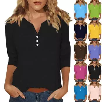 Жен. Футболка Футболка С принтом Пуговицы Рукав 3/4 Повседневные Выходные Мода Классический Классический V-образный вырез Обычный Верх L чёрный