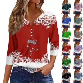 Жен. Футболка Футболка С принтом Пуговицы Рукав 3/4 Повседневные Выходные Мода Классический Классический V-образный вырез Обычный Верх XXXL фиолетовый