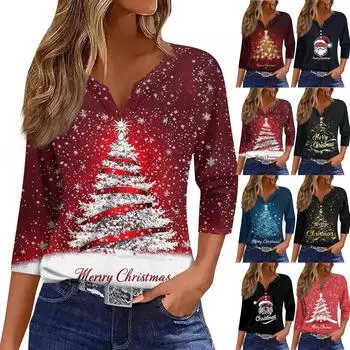 Жен. Футболка Футболка С принтом Пуговицы Рукав 3/4 Повседневные Выходные Мода Классический V-образный вырез Обычный Топ XL золотой