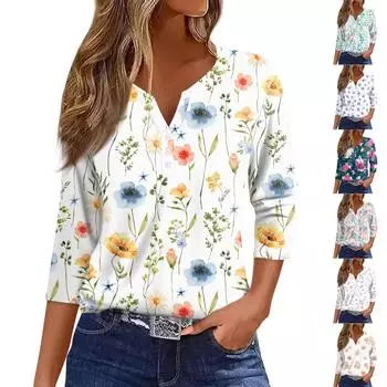 Жен. Футболка Футболка С принтом Пуговицы Рукав 3/4 Повседневные Выходные Мода Классический Классический V-образный вырез Обычный Верх L оранжевый