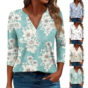 Жен. Футболка Футболка С принтом Пуговицы Рукав 3/4 Повседневные Выходные Мода Классический Классический V-образный вырез Обычный Верх L бежевый