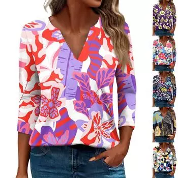 Жен. Футболка Футболка С принтом Пуговицы Рукав 3/4 Повседневные Выходные Мода Классический Классический V-образный вырез Обычный Верх S