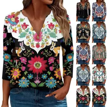 Жен. Футболка Футболка С принтом Пуговицы Рукав 3/4 Повседневные Выходные Мода Классический Классический V-образный вырез Обычный Верх L чёрный