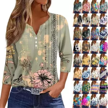 Жен. Футболка Футболка С принтом Пуговицы Рукав 3/4 Повседневные Выходные Мода Классический Классический V-образный вырез Обычный Верх XL