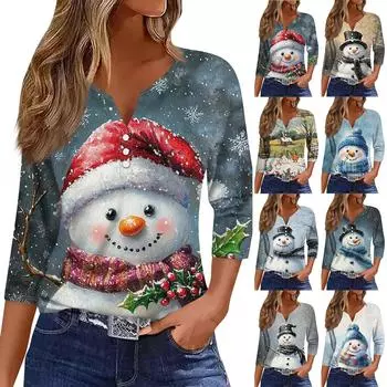 Жен. Футболка Футболка С принтом Пуговицы Рукав 3/4 Повседневные Выходные Мода Классический Классический V-образный вырез Обычный Верх S зелёный