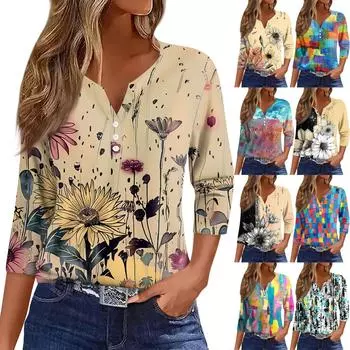 Жен. Футболка Футболка С принтом Пуговицы Рукав 3/4 Повседневные Выходные Мода Классический Классический V-образный вырез Обычный Верх L бежевый