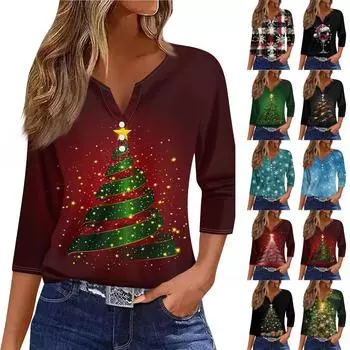 Жен. Футболка Футболка С принтом Пуговицы Рукав 3/4 Повседневные Выходные Мода Классический V-образный вырез Обычный Топ M чёрный