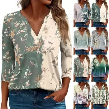 Жен. Футболка Футболка С принтом Пуговицы Рукав 3/4 Повседневные Выходные Мода Классический Классический V-образный вырез Обычный Верх L темно-зеленого