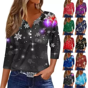 Жен. Футболка Футболка С принтом Пуговицы Рукав 3/4 Повседневные Выходные Мода Классический Классический V-образный вырез Обычный Верх XXXL