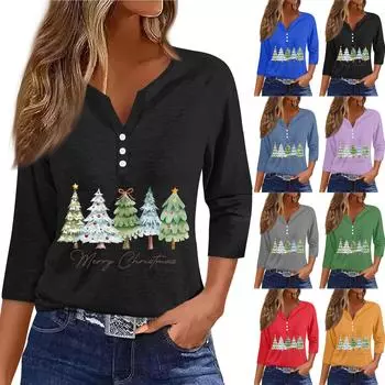 Жен. Футболка Футболка С принтом Пуговицы Рукав 3/4 Повседневные Выходные Мода Классический V-образный вырез Обычный Топ L армия зеленый