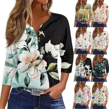 Жен. Футболка Футболка С принтом Пуговицы Рукав 3/4Ежедневно Выходные Мода Классический Топ с v-образным вырезом Обычный L бежевый