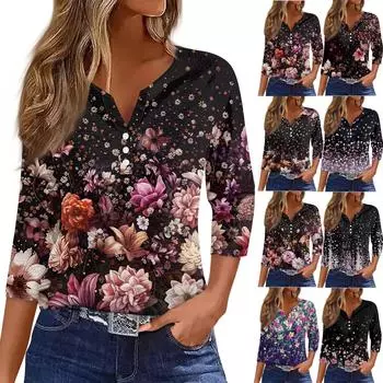 Жен. Футболка Футболка С принтом Пуговицы Рукав 3/4Ежедневно Выходные Мода Классический Топ с v-образным вырезом Обычный L чёрный