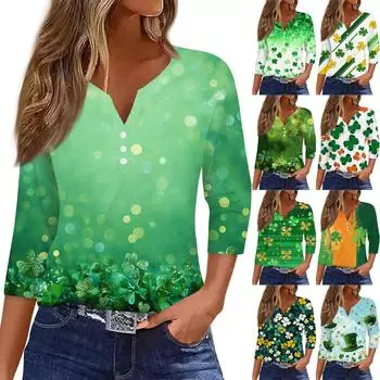 Жен. Футболка Футболка С принтом Пуговицы Рукав 3/4 Повседневные Выходные Мода Классический V-образный вырез Обычный Топ L армия зеленый