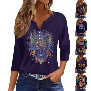 Жен. Футболка Футболка С принтом Пуговицы Рукав 3/4 Повседневные Выходные Мода Классический V-образный вырез Обычный Топ L