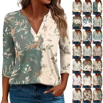 Жен. Футболка Футболка С принтом Пуговицы Рукав 3/4 Повседневные Выходные Мода Классический Классический V-образный вырез Обычный Верх L темно-зеленого
