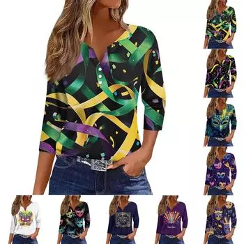 Жен. Футболка Футболка С принтом Пуговицы Рукав 3/4 Повседневные Выходные Мода Классический V-образный вырез Обычный Топ L циан